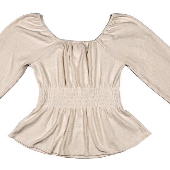 Madewell Cream Peplum Smocked Blouse Scoop Neckline PulloverTop Size XS - Picture 2 of 7